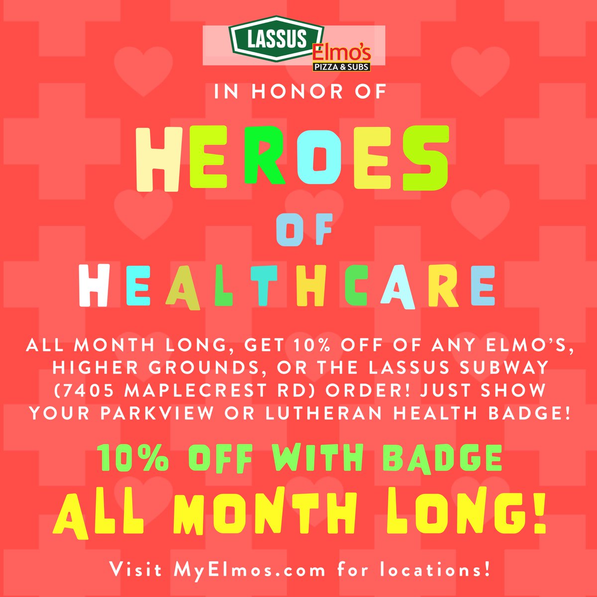 As a thank you to our Heroes of healthcare, we’re now offering 10% off on any Elmo’s, Higher Grounds, or Subway (7405 Maplecrest Rd) order! No minimum purchase necessary, just show your Parkview or Lutheran Health badge! ❤️ 
Visit myelmos.com/locations/
🍕 
#LoveThyNeighbor