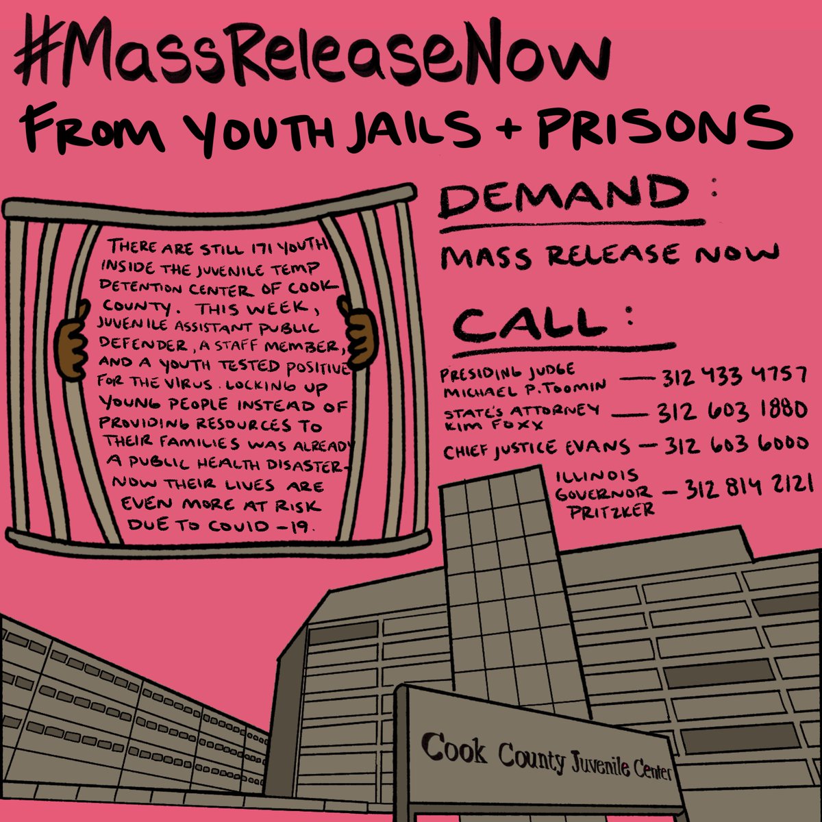 5. Demand  #MassReleaseNow for the 100+ youth currently inside the Juvenile Temporary Detention Center in Chicago. One youth tested positive for  #COVID19 just yesterday. You have four different numbers to call, including the Governor again and  @SAKimFoxx.