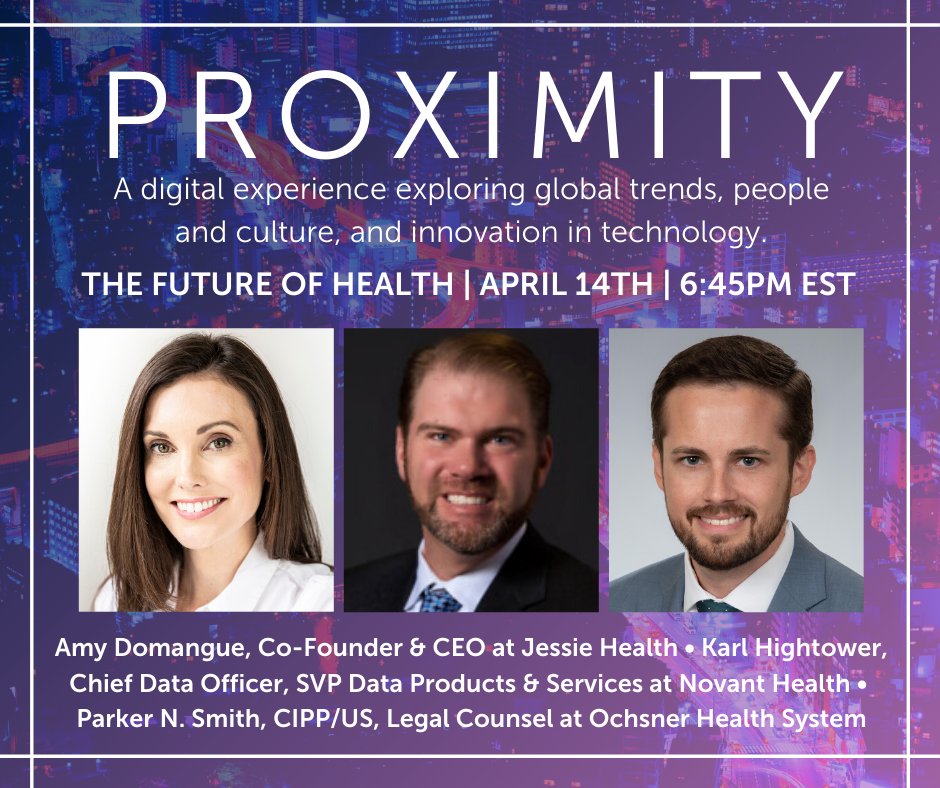 Our three-day, #virtual event, #Proximity, is next week and we're excited to announce our first panel of speakers! These industry leaders will be discussing the future of #health and #tech. Register today and stay tuned for more speaker announcements:  hubs.ly/H0pgXNc0