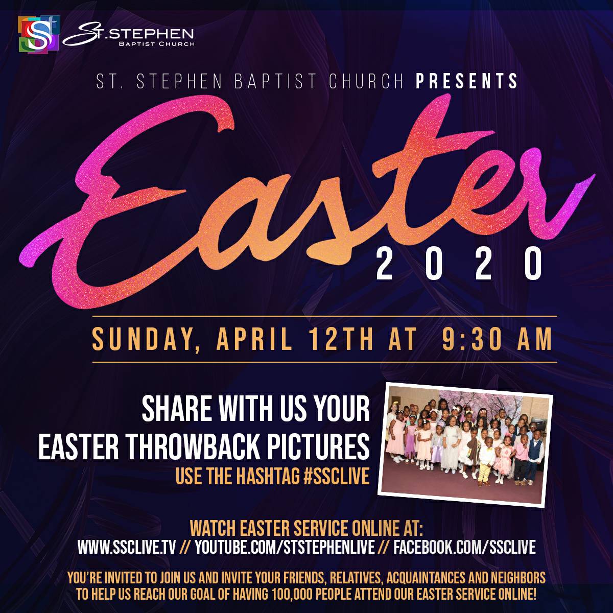 Remember, we're looking to have 100,000 in online worship w/us for
Easter service this Sunday @ 9:30a.

In the meantime, share your throwback Easter pics
using hashtag: #SSCLive (please note: # trends the keyword but doesn't notify)

It's a great time to be an inviter!™
<a href="/KWCosby/">Kevin W Cosby, Ph.D, D. Min.</a>