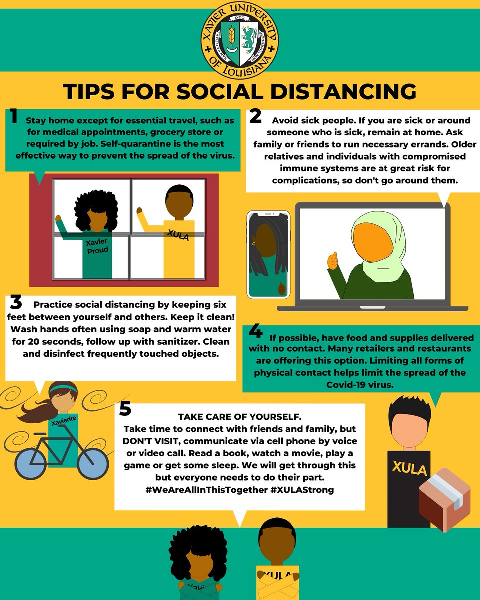 XULA1925's tweet photo. We can #flattenthecurve together by #socialdistancing. Follow these tips to help fight against the COVID-19 pandemic. We can do this.

#Weareallinthistogether #XULA #XULAProud #XULAFam

@XUFinancialAid @XUFinancialAid @XulaRegistrar @xulagold @ocs_xula @XulaFood @XULAStuAffairs https://t.co/qyJjdDx3q1