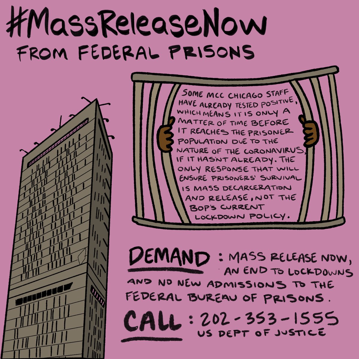 7. Another phone call, let's do this! Demand  #MassReleaseNow, an end to lockdowns, and no more new admissions to the MCC downtown during the  #COVID19 pandemic. Call the US Dept of Justice: 202-353-1555.  #AbolishPrisons