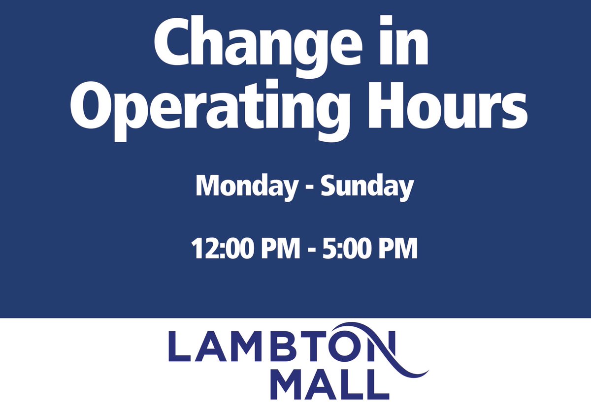 Lambton Mall will remain open to the public only to facilitate access and support our tenants that provide essential services to the community. Until further notice, the mall hours will be 12pm-5pm Mon - Sun. Visit: lambtonmall.com for a list of essential services.