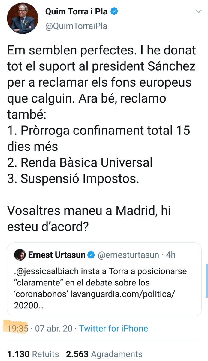 aleixclario's tweet image. Dos hores després que el president @QuimTorraiPla faci una pregunta directe i en obert als Comuns/Podemos (Urtasun - Albiach - Colau) la resposta és el silenci. 

El profund i llarg silenci.