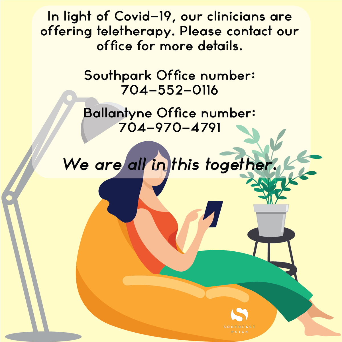 SoutheastPsych's tweet photo. As we continue to maneuver this new normal, we want you to know that you are not alone. Southeast Psych is currently offering #teletherapy at both of our North Carolina locations. Please contact our office for more information. #TogetherAtHome https://t.co/KbnfyIPYdW