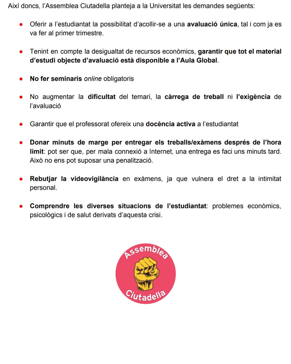 AssCiutadella's tweet photo. #COVID19 || Presentem les consideracions i demandes de l'@AssCiutadella davant la situació d'excepcionalitat provocada per la crisi de la Covid-19👇

‼️QUE NINGÚ ES QUEDI ENRERE‼️ https://t.co/z3ghO8ZK7s