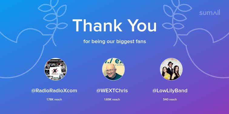 Our biggest fans this week: RadioRadioXcom, WEXTChris, LowLilyBand. Thank you! via sumall.com/thankyou?utm_s…