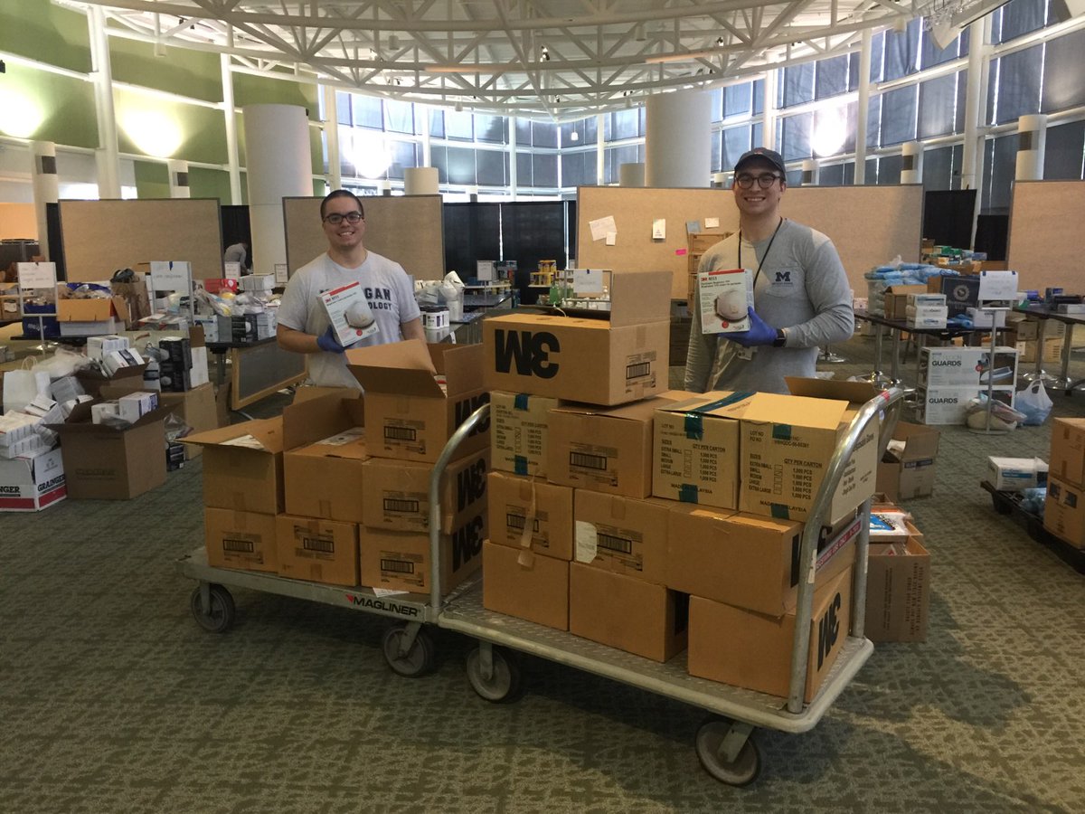 umichmccool's tweet photo. Proud of @QuintinSolano and other #GoBlueMed students on the @MResponse_Corps. Among (many!) other things, they are helping sort and inventory the community #PPE donations for @umichmedicine. https://t.co/NxHQn0yDYv https://t.co/OrVtpODHsp