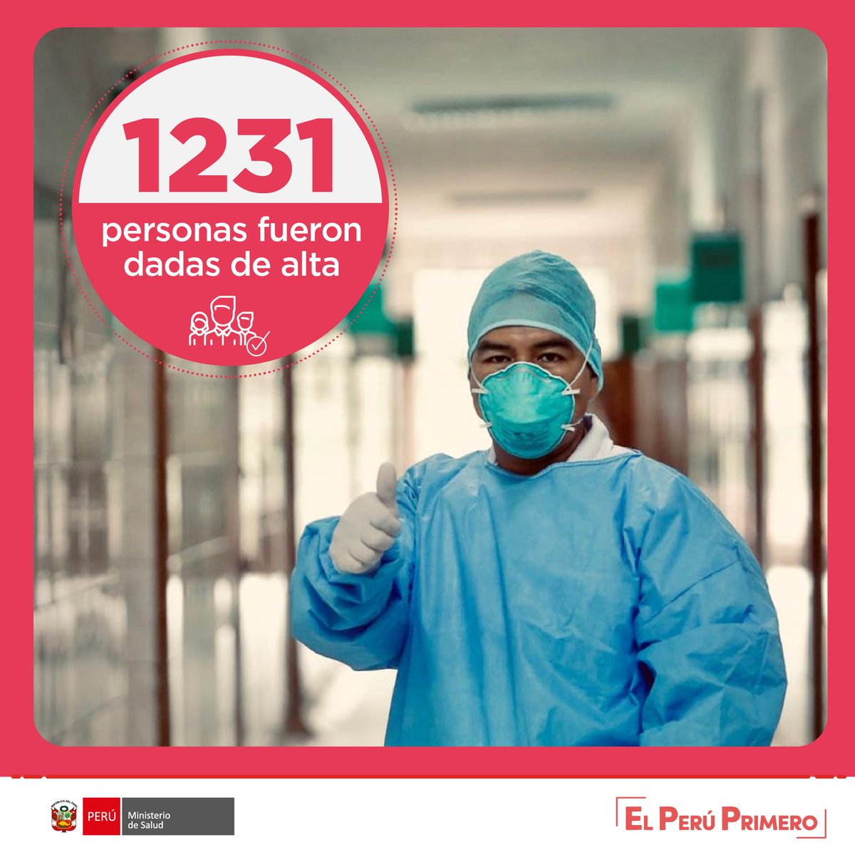 Minsa_Peru's tweet photo. ¡Buena noticia! Ya son 1231 las personas dadas de alta, cumplieron su tratamiento y período de aislamiento domiciliario.  #PerúEstáEnNuestrasManos https://t.co/MGnrDJBB5H