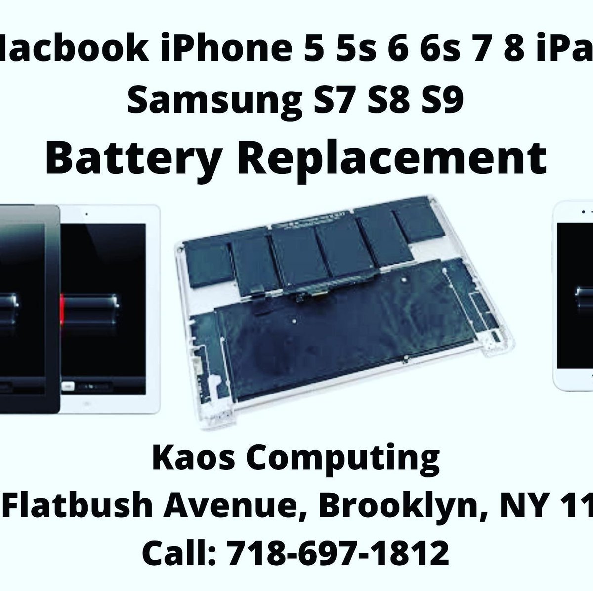 king_unlock's tweet photo. MacBook iPhone 5 5s 6 6s 7 8 iPad Samsung S7 S8 S9 *Battery Replacement*
👍

Kaos Computing 661 Flatbush Avenue Brooklyn NY 11225 ☎️ 718-697-1812

#phonebattery #macbookbattery #samsungbattery #ipadbattery https://t.co/F6kNLbcWY3