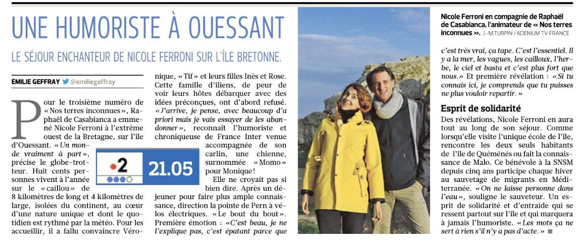 Marre des redifs ou des séries américaines ? Je vous conseille de zapper sur @France2tv et #NosTerresInconnues pour découvrir les richesses de l’île d’Ouessant avec <a href="/NicoleFerroniZe/">Nicole Ferroni</a> et <a href="/RdeCasabianca/">Raphael deCasabianca</a>