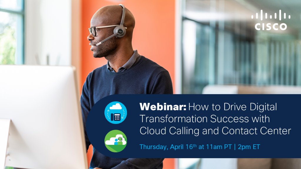 CiscoCollab's tweet image. In this upcoming webinar you&apos;ll get practical and actionable guidance, from leading experts in the market, on what it takes and why you should move your enterprise calling and #contactcenter systems to the ☁️. 

📅 Add a reminder to your calendar here: cs.co/60131IAbf