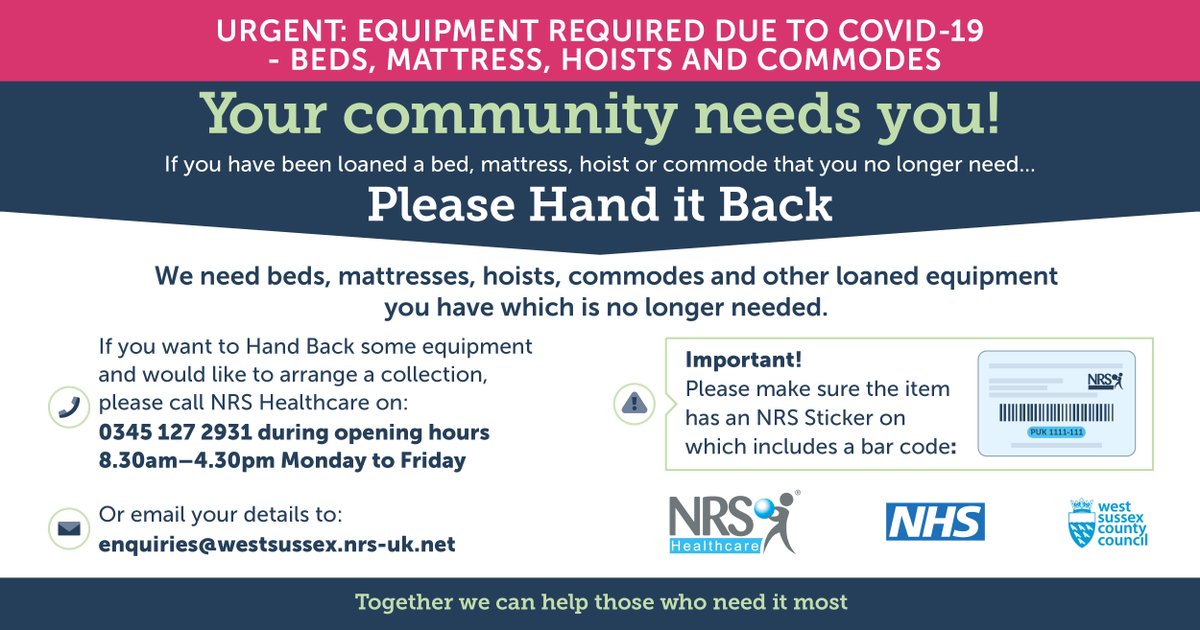 Urgent appeal to help us ease the pressure on the <a href="/NHSuk/">NHS</a> during the coronavirus outbreak.

If you have been loaned equipment by @NRSHealthcare and no longer need it, you can arrange for it to be collected using the below details.