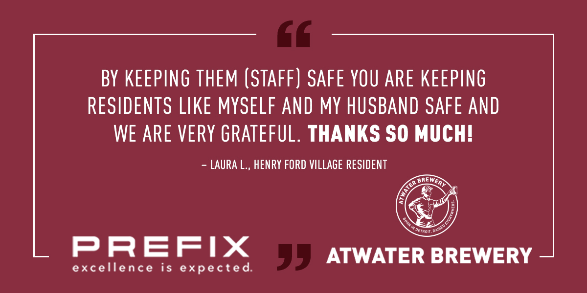 HFVSeniorLiving's tweet photo. We can’t thank you all enough! @atwaterbeer provided 20 gallons of hand sanitizer and @PrefixCompanies supplied a great deal of protective face shields. We’ve always believed there’s strength in neighbors, and we’re feeling so strong right now.

#HenryFordVillage #inthistogether https://t.co/6ljQRgla1a