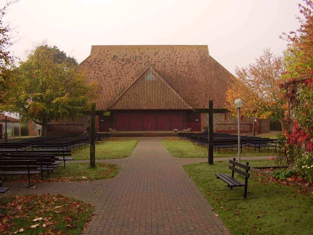 In the 1970s and 80s visitors to the Roman Catholic shrine had far exceeded the limits of the medieval chapel and a new chapel, the Chapel of Reconciliation, was finally consecrated in 1982. It looks like a local barn. Love it or hate it.  #EAchurches