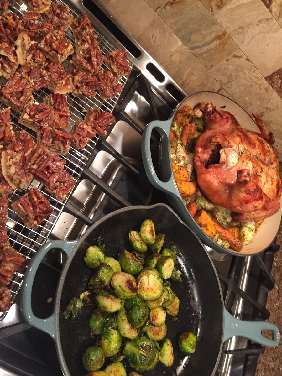 Another day’s  #QuarantineCuisine Roasted a chicken atop sweet potato, onion, fennel,and carrotsRoasted Brussels sprouts Baked Pecan bars