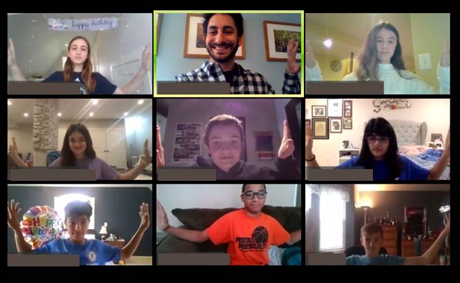 mfsfox's tweet image. Today seventh graders in Jake Greenberg&apos;s advisory brought cards, balloons, even a banner to their meeting and sang Happy Birthday to a classmate. Here they are virtually joining hands! #VirtualMFS