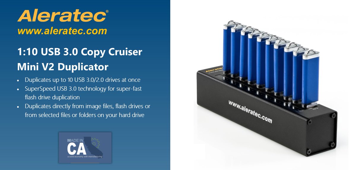 Proud to be part of CMTC’s #MadeInCA program, contributing to California’s economic growth with products like our Aleratec 1:10 USB 3.0 Copy Cruiser Mini V2 Duplicator. #MadeInCAProud

See how it boosts productivity: aleratec.com/1-10-usb-3-cop…
