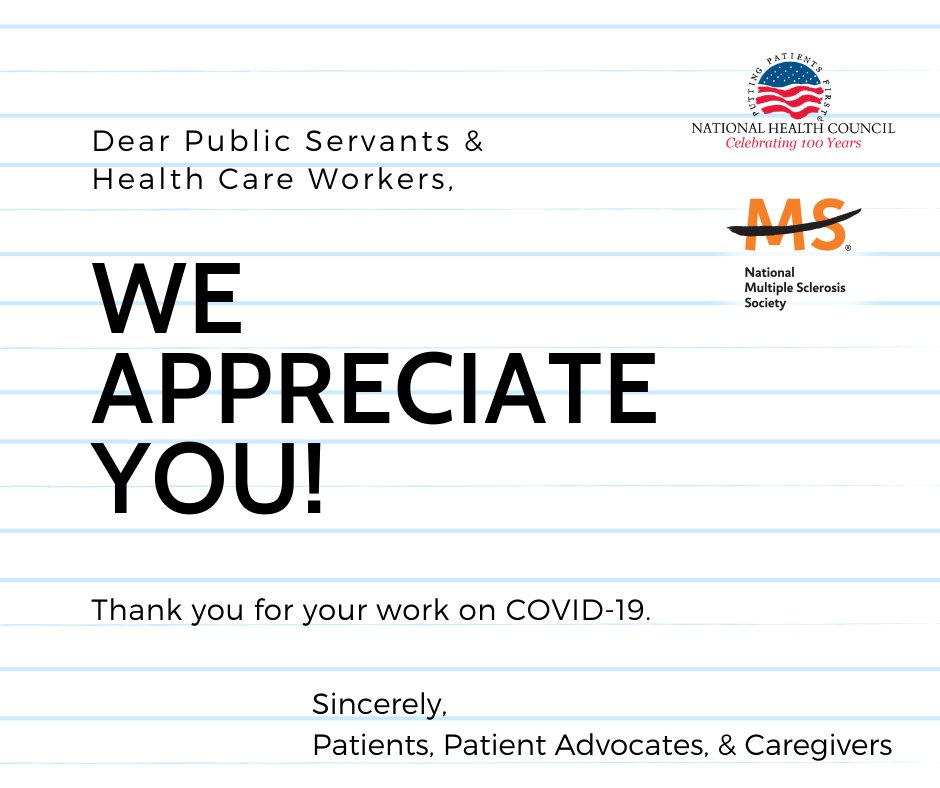 mssociety's tweet photo. Dear public servants and health care workers: Thank you for your work fighting #COVID19! From Patients, Patient Advocates, &amp; Caregivers #PuttingPatientsFirst https://t.co/zfUeyLYgf9