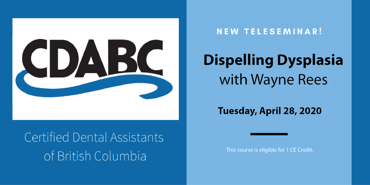 CDABC's tweet photo. Looking to learn (and get CE credits) from home? Sign up for our next teleseminar, Dispelling Dysplasia! The course covers the current state of oral cancer in Canada, as well as modern methods of screening and discovery.
https://t.co/BRUbNMrWgF

#dentalassistant #seminar #CDABC https://t.co/erHLsDz93c