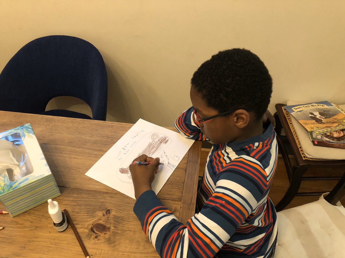 JeffreyBCMiller's tweet photo. Having just failed at social distancing with a dog friend, Patrick knew what he wanted his art project to be today. https://t.co/QoTxduPYHN