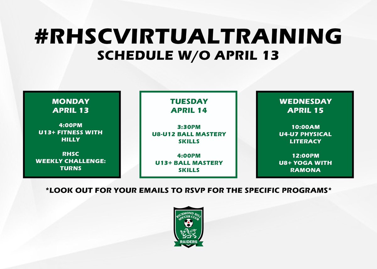 RHSoccerClub's tweet photo. Here’s a quick snapshot of our #RHSCVirtualTraining over the next two weeks! We are doing our best to continue to serve all of our customers online while we are all at home staying safe. Don’t forget to look out for your emails to RSVP for the specific programs! #RHSC #Raiders https://t.co/b51e9Fgi5T