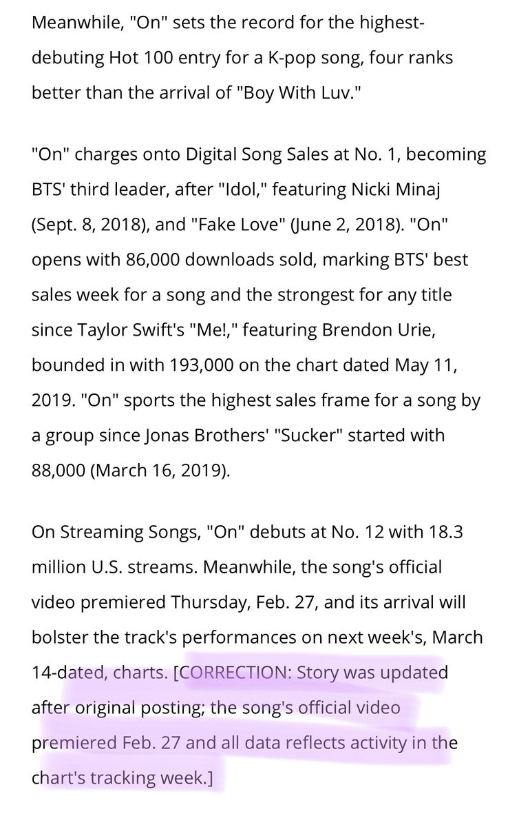 Billboard’s tracking is from Fri→Thurs so they changed the tweet to reflect the Thursday premiere but with no explanation. This also means 14 hrs worth of views on YT for ON’s official MV should be counted. Let’s get into the numbers.