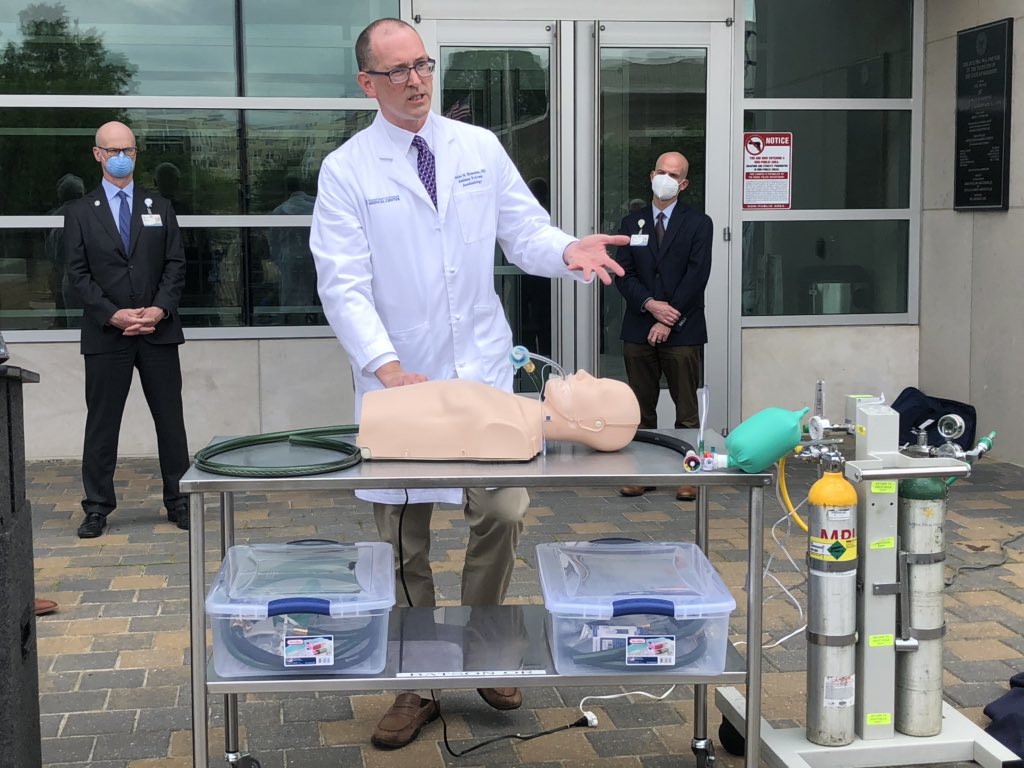 At a press conference at UMMC where doctors have figured out how to build emergency ventilators with readily available equipment from Home Depot, Lowe’s and Amazon. Parts only cost about $50.