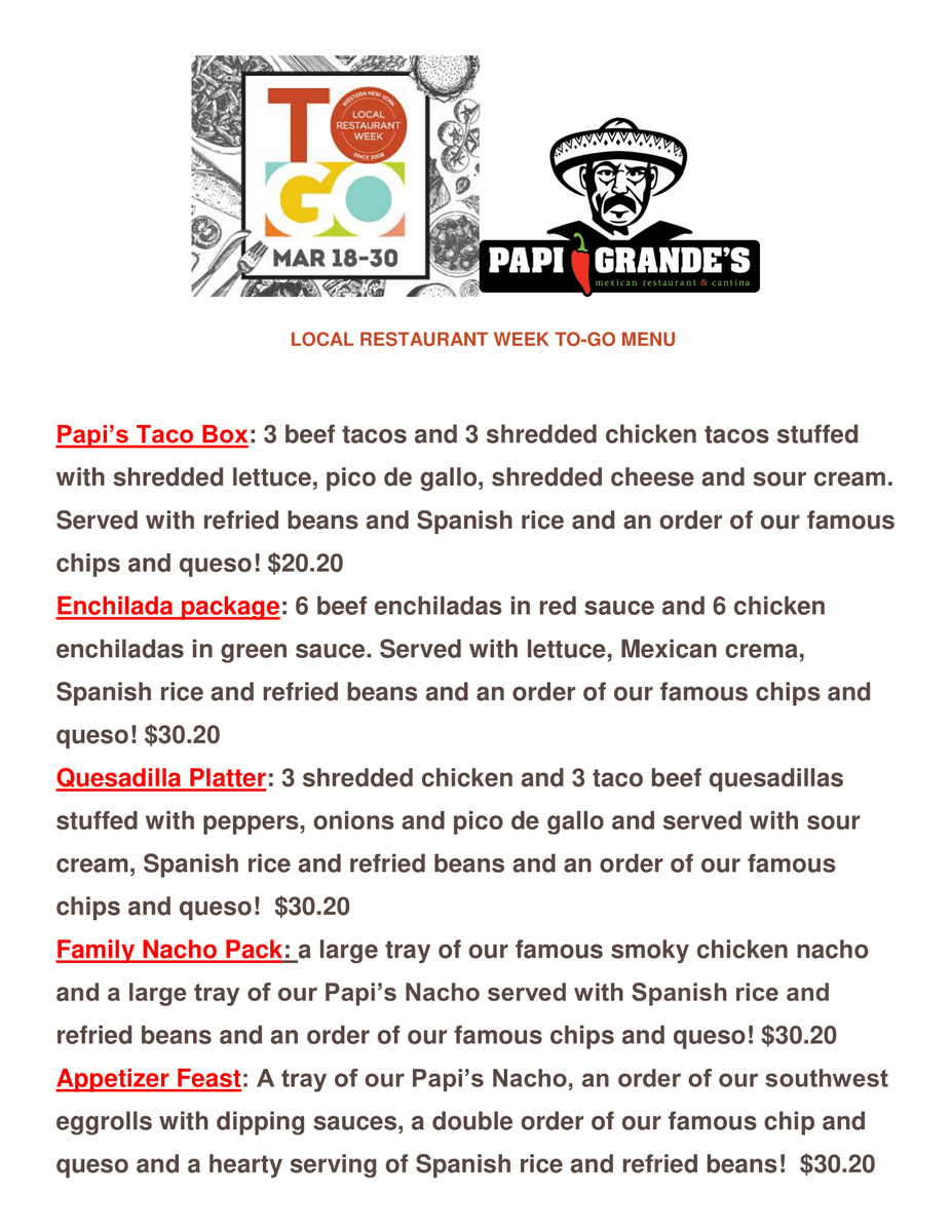 LocalRestWeek's tweet image. Looking for a little #TacoTuesday fix?🌮

Order from Papi Grande's in Amherst and #supportlocalrestaurants with LRW To Go!

🍹Did we mention they're selling gallon margarita bags to go?!🤯

For a full list of restaurants, visit our website:
localrestaurantweek.com/restaurants.ht…