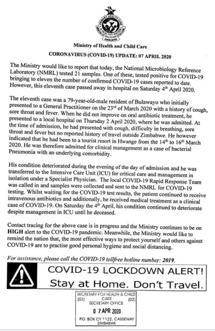 kubatana's tweet image. A 79-year-old male resident of Bulawayo passed away in hospital on Saturday. Today, @MoHCCZim announced his #Covid19 test results, amongst the 21 samples they tested today.

Zimbabwe&apos;s Coronavirus Statistics as of 7 April 2020:

Tested: 392
Positive: 11
Negative: 381 
Deaths: 2