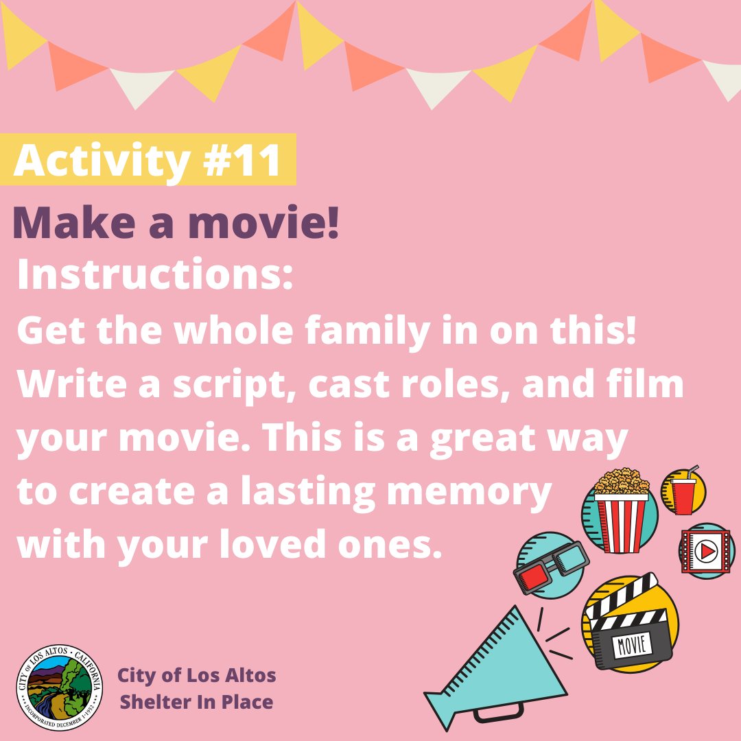 Losaltosrec's tweet photo. #ActivityoftheDay: Have your family show off their acting chops and make a movie! Write a script, cast roles, and film. This is a great way to create a memory your family can literally look back on. ⭐️📽️ #losaltosrec https://t.co/8yAtFNmj6f