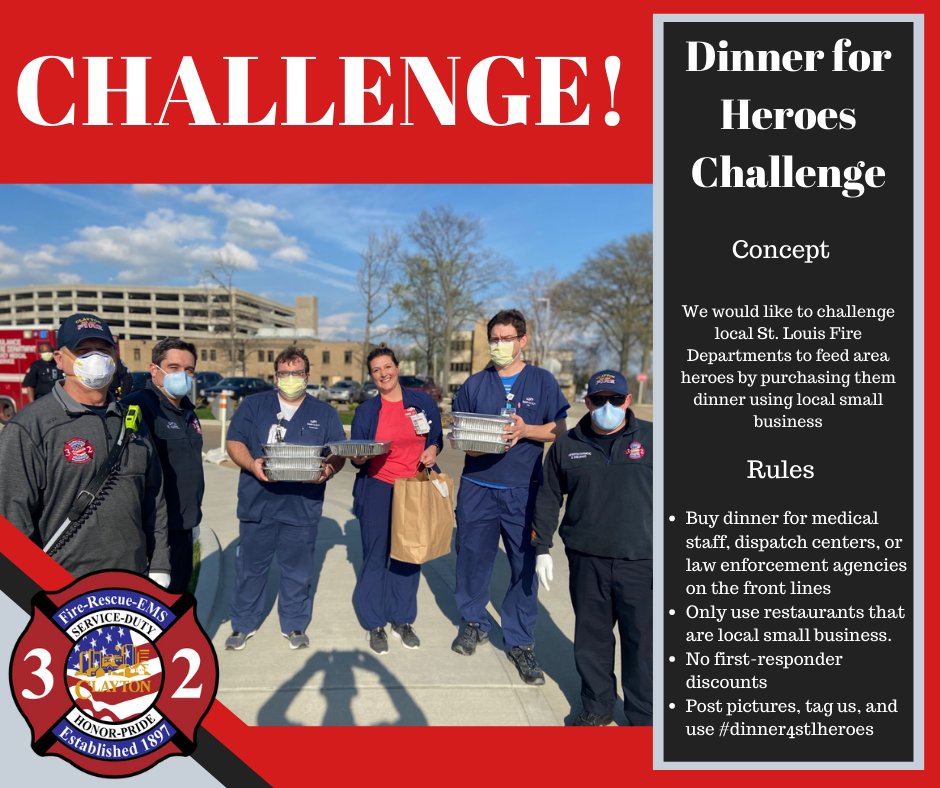 clayton_fd_32's tweet photo. We want to issue a challenge to all FDs in the area.  It is time to step up and support all of the cops, dispatchers, nurses, doctors and food workers that support us. Use the #dinner4stlheroes   #cityofclaytonfd #alwaysready 
@ClaytonFDChief https://t.co/uw3HiQysRC