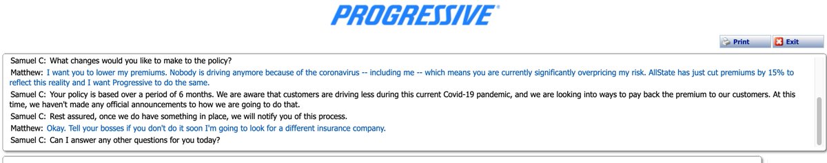 Inspired by  @Davidlaz, I put on my Very Grouchy Customer face to ask Progressive to lower my rates, and my guy said "We are looking into ways to pay back the premium to our customers. At this time, we haven't made any official announcements to how we are going to do that."