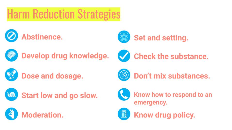There are a ton of strategies that are under the umbrella of harm reduction such as:Set & settingStarting with a low dose & wait some time before increasing.AbstinenceKnowing how to respond in an emergency. #HarmReduction