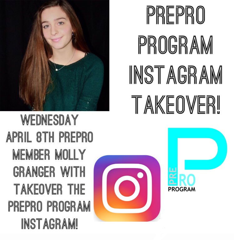 PrePROprogram's tweet image. Tomorrow will be our first Instagram takeover!!! Check out our story to see the day in the life of PrePRO member Molly Granger! You can see her workouts, stretch routines, and much more! And if you like Molly’s take over comeback to see our other members! #instagram #dancer