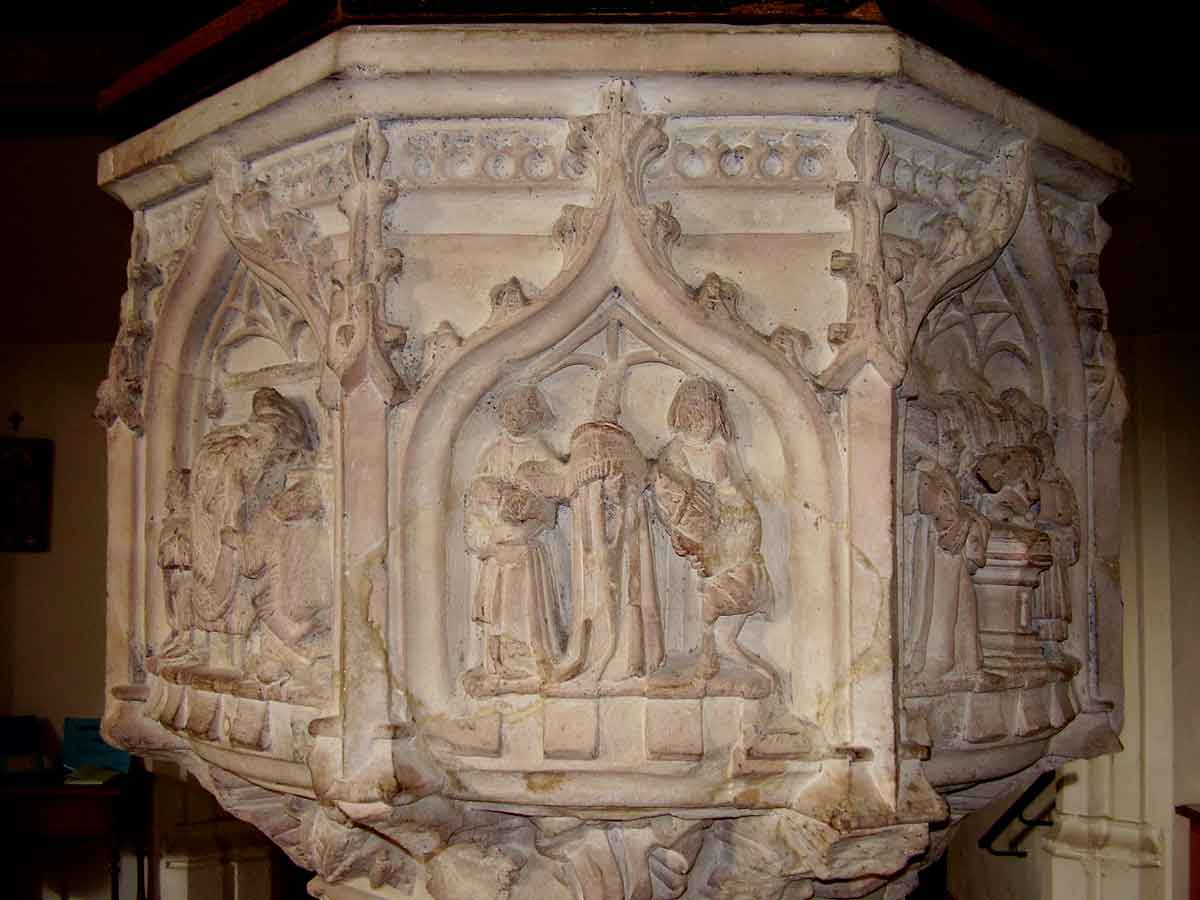 This panel shows the ritual of Confirmation and, hidden in the background, it still retains fragments of its original medieval paintwork. The font at Little Walsingham has been described as ‘the perfect Norfolk font’. It's not too shabby...  #EAchurches