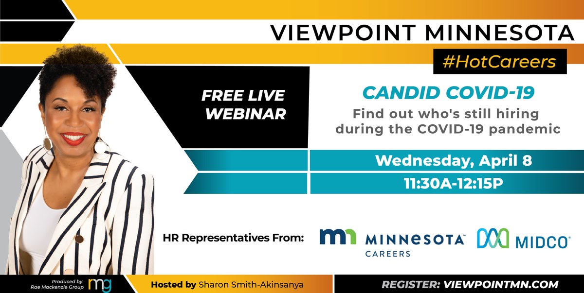  #ViewPointMN hosted by our founder  @BoldlySharon Wed., April 8th from 11:30A to 12:15PA live conversation & information from companies still hiring during the Covid-19 pandemic. Feat. HR Representatives from the  @MNCareers &  @Midcontinent.Register at  http://viewpointmn.com 