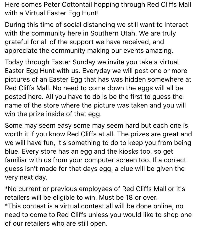 mix103_1's tweet photo. Here comes Peter Cottontail hopping through #RedCliffsMall with a Virtual Easter Egg Hunt! https://t.co/keL0hhD2Fb