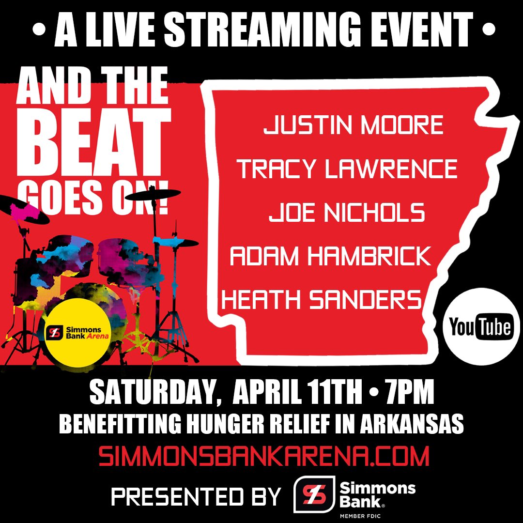 JustinColeMoore's tweet photo. Excited to announce I’ll be hosting a live event from an EMPTY Simmons Bank Arena Saturday along with my buddies (streaming in to join me)🤘🏼 Presented by Simmons Bank, benefiting @feedingamerica and AR Hunger Relief.  #AndTheBeatGoesOn #StayHome #StaySafe #COVID19 #FeedAmerica https://t.co/7vdQ4K2Q86