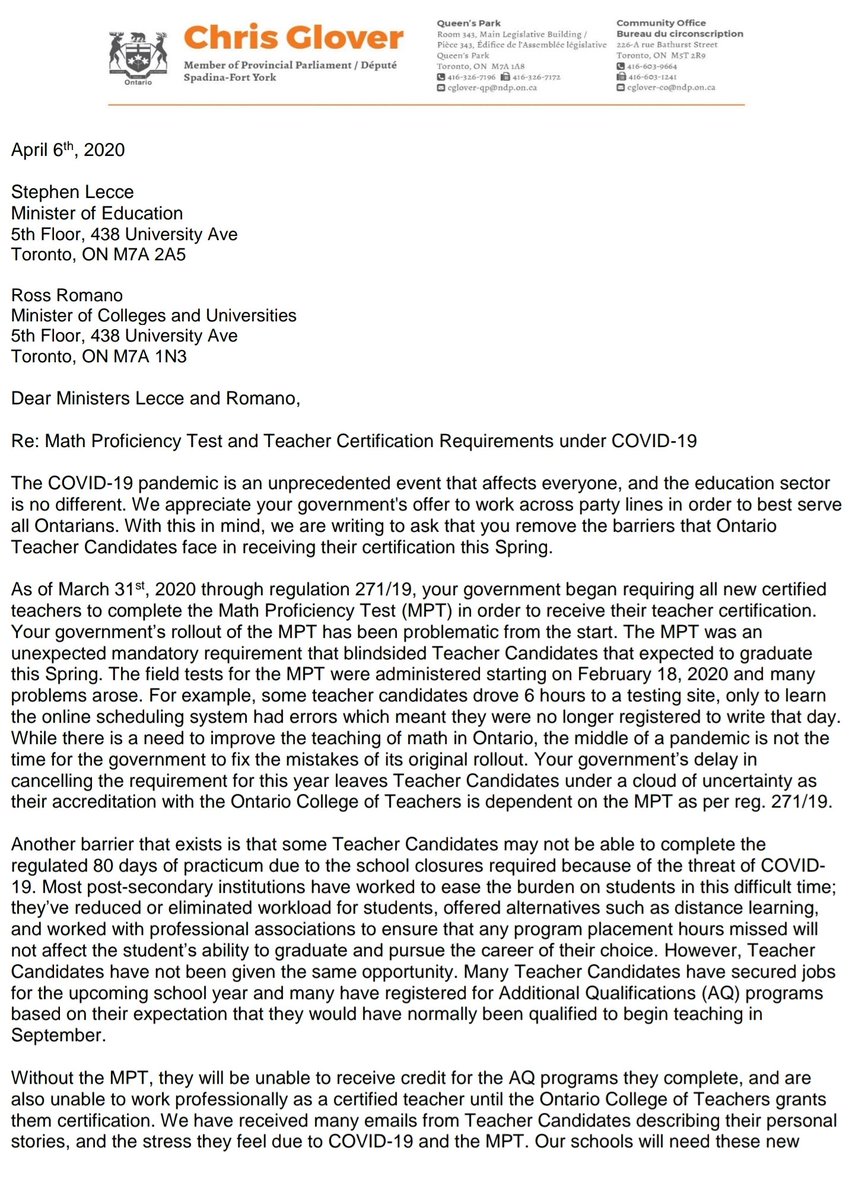 OTCC19's tweet photo. We are deeply appreciative of our tireless advocates at @otffeo, @maritstiles and @ChrisGloverMPP. 

This letter will hopefully mark an end to the stress and pressure facing thousands of graduating teacher candidates. 

Act now @fordnation and @Sflecce. https://t.co/OFubIk0fBA