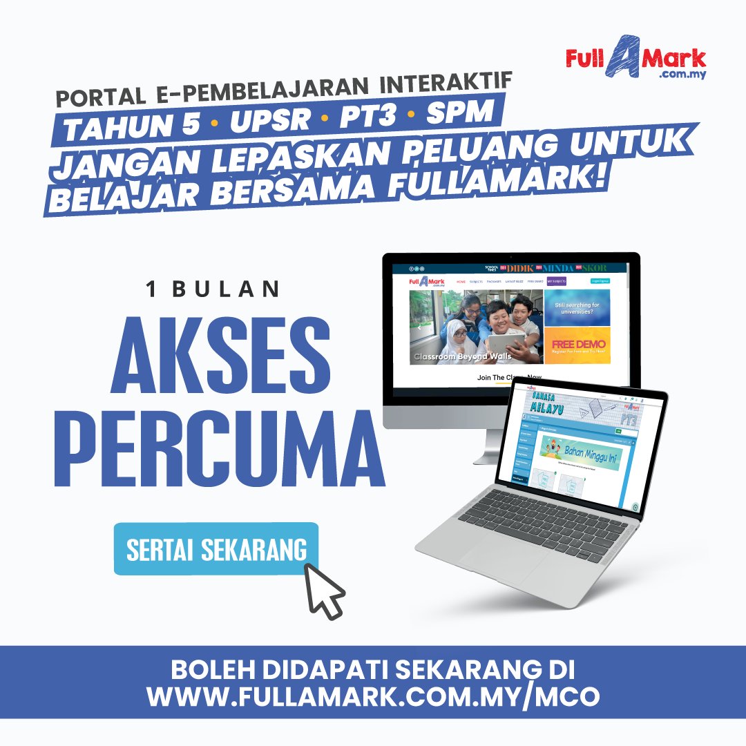 FullAMarkmy's tweet photo. Akses PERCUMA selama 1 bulan! Pembelajaran melalui FullAMark, portal e-pembelajaran interaktif. Layari https://t.co/nDGZHOgyNF sekarang!

#e-learning #e-pembelajaran #onlineeducation #pendidikandalamtalian #digitallearning #digitalera #2020 #fullamarkpercuma #MCO https://t.co/0PQqHNQuB1