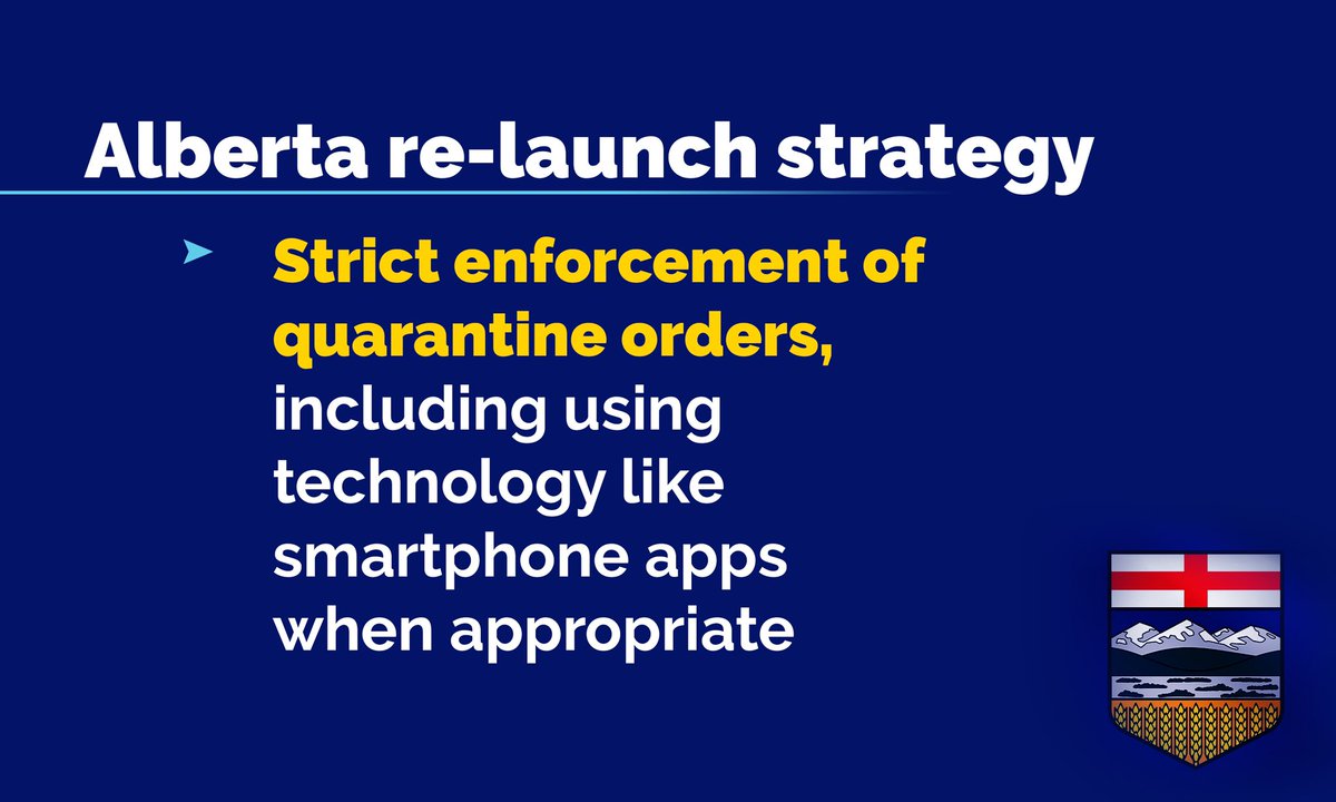 The fourth step is strict enforcement of quarantine orders.The vast majority of Albertans have followed public health orders.For the few that don’t, we will enforce the law, and use new tools as necessary to protect public health.  #COVID19AB