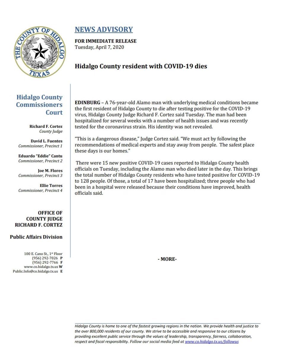 HidalgoCountyTX's tweet photo. Hidalgo County resident with COVID-19 dies #StayAtHome https://t.co/tzb0jSP8XV