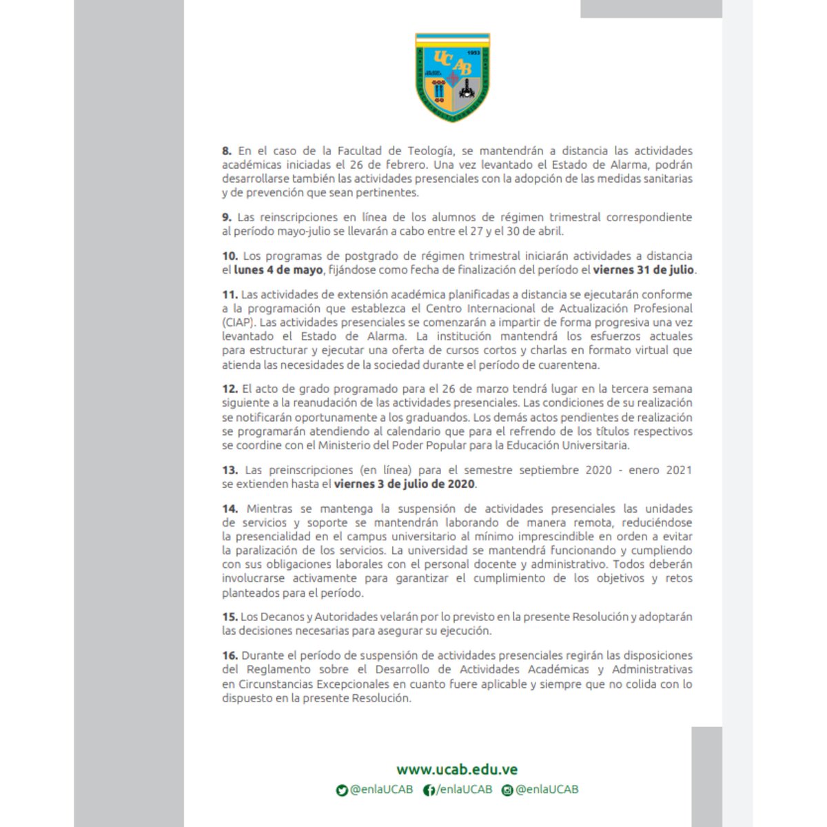 Adcoucab's tweet photo. 🚨 ATENCIÓN 🚨

Resolución 1 del Consejo Universitario de hoy 07/04/2020

Fechas importantes para el inicio de actividades.

Fechas importantes para la inscripción administrativa

Fechas importantes para retiros

Modalidades https://t.co/HIe8qhJJvY