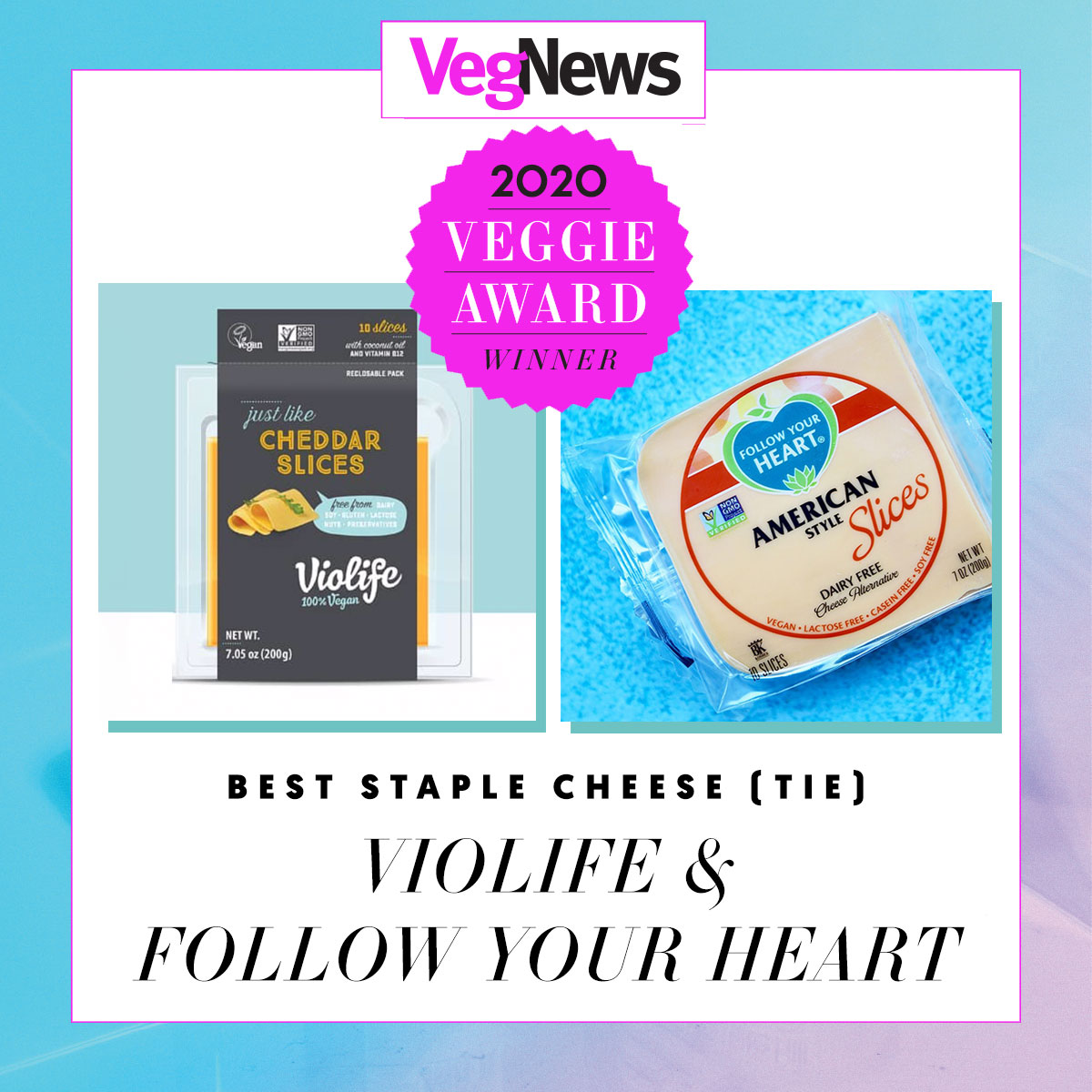 VegNews's tweet photo. More than 2.6 million votes were cast, and now the results are in! Your VegNews Veggie Award winner(s) for best staple cheese are @followyourheart and @ViolifeFoods (it’s a tie!). For a list of all this year’s winners, head to ---> https://t.co/6Y94QQYWW3! https://t.co/NF1ZkqOVaH