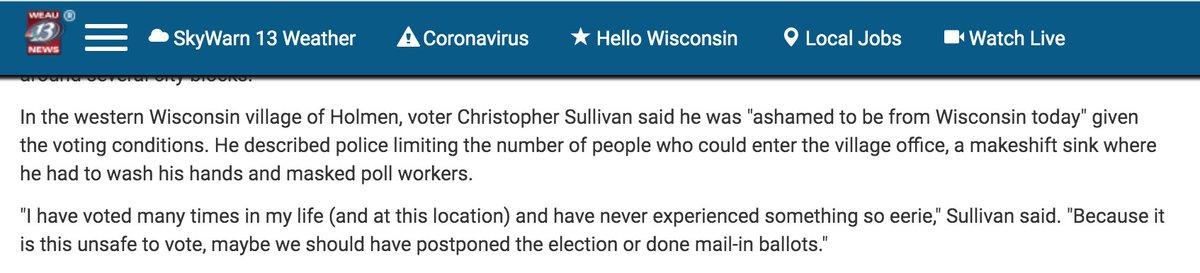 Christopher Sullivan, a voter in Holmen, Wisconsin (near Minnesota border): "Because it is this unsafe to vote, maybe we should have postponed the election or done mail-in ballots."  #WisconsinPrimary
