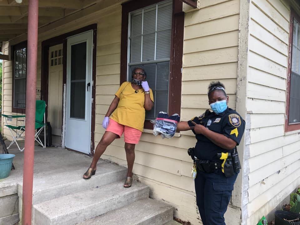 SouthernU_PD's tweet photo. We are beyond grateful for Ms. Sarah for -very lovingly- making each police officer a mask which matches their uniform!!  Oh! And that model you see below is birthday girl SGT Williams!!  🎂 🍰 Jags, join us in recognizing these two incredible women !! 💙💛🐆 #WeAreSouthern #SUBR https://t.co/KKoFHyN73g