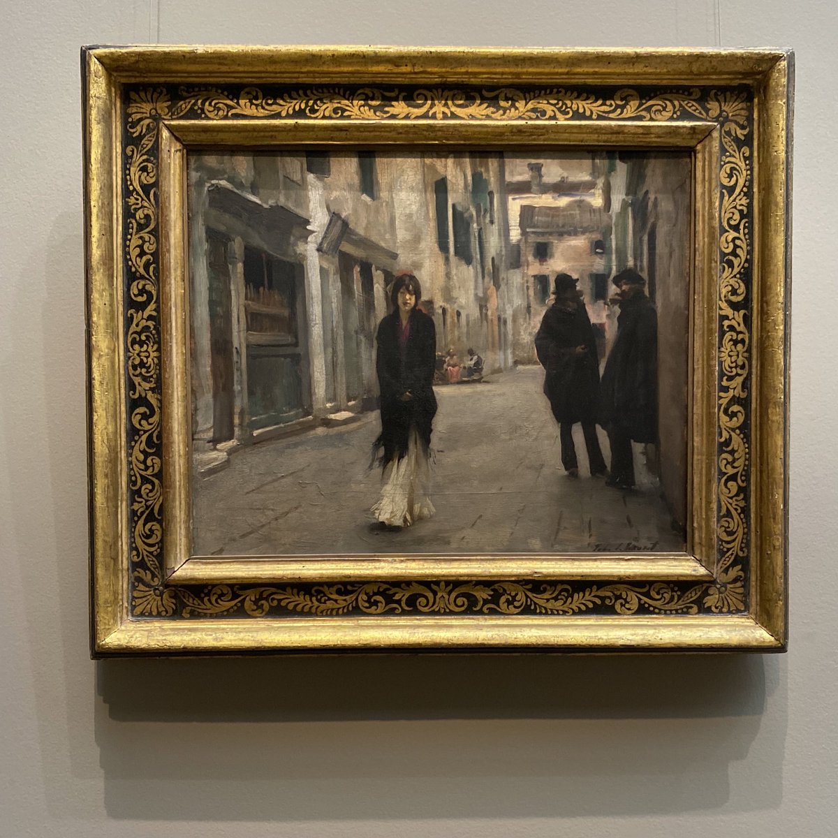 Upon its first exhibition in Paris in 1882, a critic wrote: "Here we do not see either the Grand Canal or Saint Mark's square; all that is banal and hackneyed. Mr. Sargent leads us to modest meeting places and dark, shallow rooms, all black, pierced through by a ray of sunlight.”