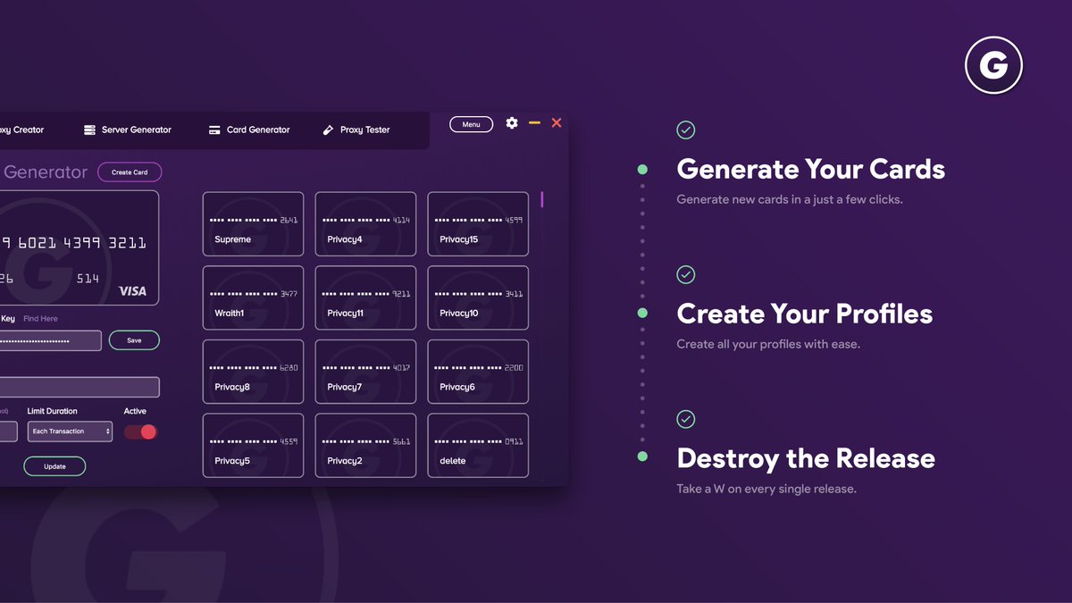 GhostAIO's tweet image. What if you could generate your cards, create your profiles, &amp;amp; destroy the release all from one program? 🤔

Now all that &amp;amp; more is possible with Wraith. Coming to the public this week. Who&apos;s ready? ⚡