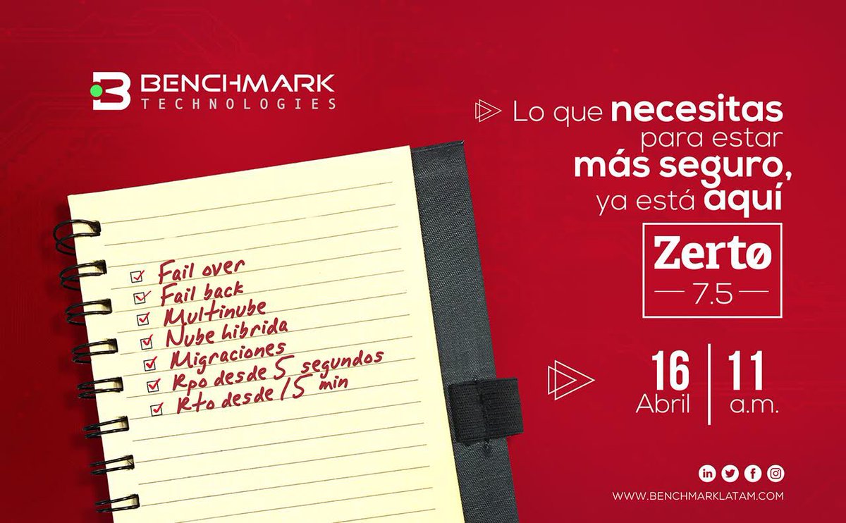BenchmarkLatam's tweet photo. #BenchmarkTechnologies
.#WEBINARGRATUITO  Zerto
.Lo que necesitas para estar más seguro ya está aquí.
.ZERTO 7.5-
.16 ABRIL / 11am
.REGISTRATE AQUÍ: 
https://t.co/mFmcp53q09 https://t.co/wR9x5JMRme